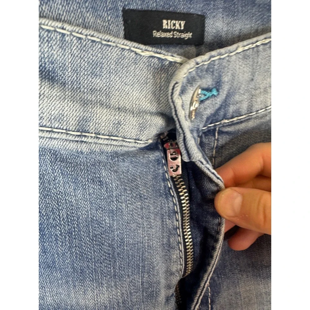 True Religion Ricky Relaxed Straight Distressed Blue Jeans Mens 44X30 Light Wash